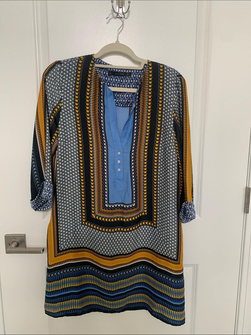 Zara Blue and Mustard Patterned Mini Tunic Dress